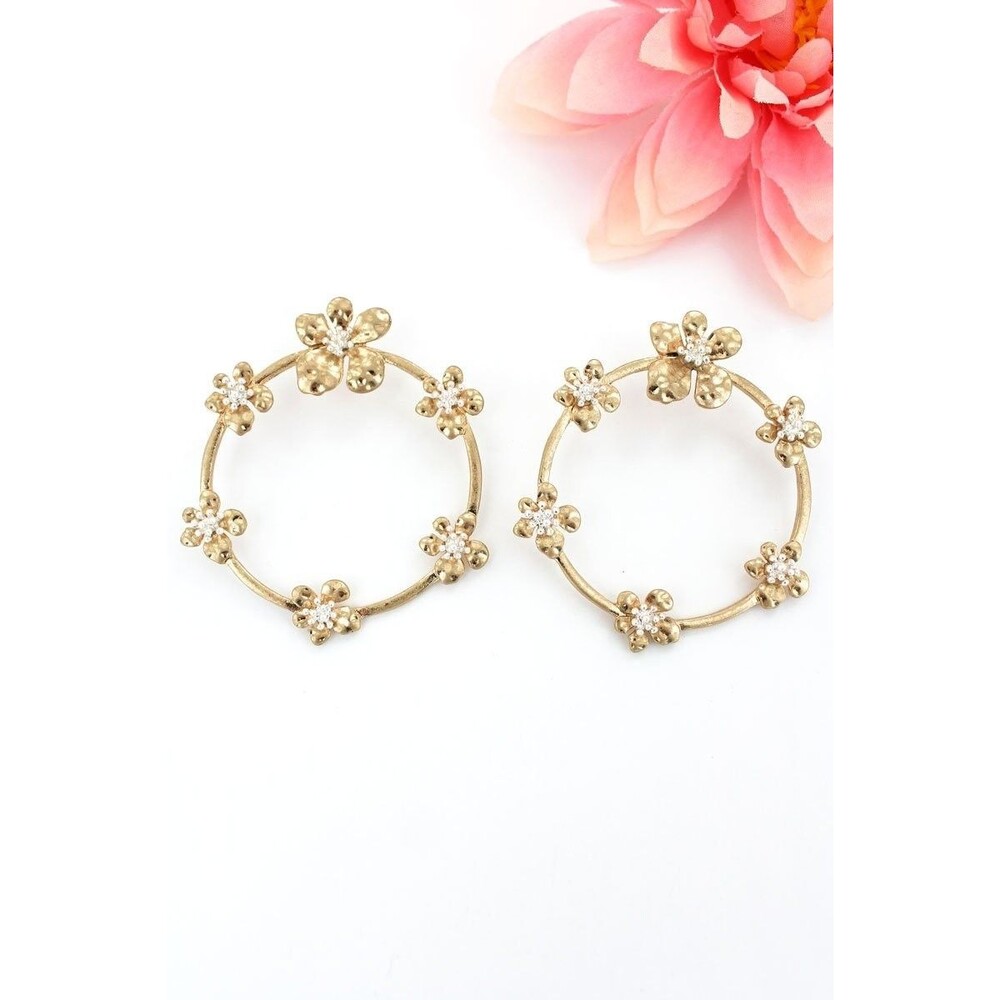 Canvas Jewelry Gold Tone Hammered Flower Hoop Statement Earrings Crystal Accents